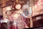  1girl ahoge bowl brown_hair closed_eyes collared_shirt commentary double_bun hairband highres holding holding_bowl holding_chopsticks indoors jacket kantai_collection kongou_(kantai_collection) long_hair looking_at_viewer nakau restaurant ribbed_shirt shirt signo_aaa smile solo upper_body white_shirt 