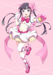  1girl :d black_hair blend_s bow cosplay earrings frills gloves hair_bow hand_up jewelry long_hair looking_at_viewer magical_girl midriff navel open_mouth pink_background pink_bow pink_footwear quad_tails sakuranomiya_maika shoes skirt smile sparkle standing standing_on_one_leg thigh-highs unya_(unya-unya) violet_eyes wand white_gloves white_legwear white_skirt 