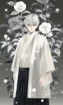  1boy arms_at_sides flower glasses grey_background grey_eyes highres looking_at_viewer male_focus sangatsu_no_lion signature solo souya_touji standing white_hair yum_(unlucky) 