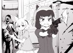  1boy 2girls abubu animal_ears bow bowtie common_raccoon_(kemono_friends) eyebrows_visible_through_hair fangs fennec_(kemono_friends) firing fox_ears fox_tail fur_collar gloves greyscale gun holding holding_weapon kemono_friends looking_at_another monochrome multicolored_hair multiple_girls open_mouth parted_lips pleated_skirt puffy_short_sleeves puffy_sleeves raccoon_ears short_hair short_sleeves shotgun skirt smoke smoking_gun standing sweater tail tears two-handed weapon zombie 