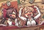  2girls =_= arms_up ascot awa_(bihidasu) black_vest blonde_hair blush bottle bow braid brown_hair collarbone collared_shirt detached_sleeves drooling eyebrows_visible_through_hair food from_above fruit game_boy hair_bow hair_tubes hakurei_reimu handheld_game_console holding holding_bottle indoors kirisame_marisa kotatsu long_hair lying mandarin_orange multiple_girls no_hat no_headwear no_nose nose_blush on_back on_side open_mouth ponytail red_bow ribbon-trimmed_sleeves ribbon_trim sake_bottle shirt side_braid single_braid sleeping table tatami touhou under_kotatsu under_table upper_body vest white_shirt wide_sleeves wing_collar yin_yang_orb 