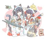  2girls :d animal_ears azur_lane black_hair cat_ears cat_tail character_name crossover detached_sleeves elite_unchi error_musume eyebrows_visible_through_hair fang flight_deck hair_ribbon kantai_collection looking_at_viewer maid_headdress multiple_girls nontraditional_miko open_mouth red_eyes ribbon short_hair smile tail wavy_mouth white_background wide_sleeves yamashiro_(azur_lane) yamashiro_(kantai_collection) 