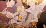  3boys alcohol alphonse_elric beer black_hair blonde_hair blush bottle brothers closed_eyes drinking edward_elric elbows_on_table eyebrows_visible_through_hair food fullmetal_alchemist glass grey_shirt happy ling_yao long_sleeves male_focus multiple_boys open_mouth p0ckylo party ponytail shirt short_hair siblings smile sunlight sweatdrop waistcoat white_shirt 