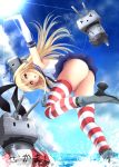  &gt;:o &gt;_&lt; 1girl :3 anchor anchor_hair_ornament ass bent_over black_panties blonde_hair blue_skirt clouds day elbow_gloves from_below gloves hair_ornament hairband highres innertube kantai_collection long_hair looking_at_viewer microskirt mikuni_raizu ocean open_mouth outdoors outstretched_arms panties pleated_skirt rensouhou-chan shimakaze_(kantai_collection) skirt sky standing standing_on_one_leg string_panties striped striped_legwear thigh-highs thong turret underwear walking walking_on_liquid water white_gloves yellow_eyes 