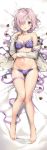  1girl absurdres anmi bangs bare_legs bare_shoulders barefoot bed_sheet blush bow bow_bra bra breasts chocolate chocolate_heart dakimakura eyebrows_visible_through_hair fate/grand_order fate_(series) feet frilled_bra frills from_above full_body hair_over_one_eye heart highres huge_filesize large_breasts lavender_hair looking_at_viewer lying mash_kyrielight medium_breasts multi-strapped_panties navel on_back open_clothes open_mouth panties plaid plaid_bra plaid_panties purple_bra purple_panties ribbon scan short_hair smile toes underwear violet_eyes 