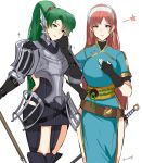  2girls absurdres armor breastplate fire_emblem fire_emblem:_kakusei fire_emblem:_rekka_no_ken fire_emblem_heroes gauntlets green_eyes green_hair highres holding holding_weapon long_hair looking_at_viewer lyndis_(fire_emblem) multiple_girls pauldrons redhead serge_(fire_emblem) simple_background smile thigh-highs weapon white_background 