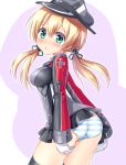  1girl black_legwear blonde_hair blush breasts gloves green_eyes hair_between_eyes hat highres kantai_collection kyamu_(qqea92z9n) long_hair long_sleeves low_twintails medium_breasts military military_uniform open_mouth panties peaked_cap prinz_eugen_(kantai_collection) solo striped striped_panties thigh-highs twintails underwear uniform white_gloves 