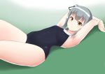  1girl 30-06 armpits breasts competition_school_swimsuit green_background grey_hair hair_ribbon kantai_collection kasumi_(kantai_collection) long_hair looking_at_viewer lying ribbon school_swimsuit side_ponytail small_breasts solo swimsuit yellow_eyes 