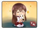  1girl :t =_= akagi_(kantai_collection) bangs black_border blush border brown_hair chibi eating eyebrows_visible_through_hair food full_body hip_vent holding holding_food japanese_clothes kantai_collection kimono long_hair long_sleeves mochi pantyhose red_skirt seiza sidelocks signature sitting skirt smile solo sparkle taisa_(kari) very_long_hair wagashi white_kimono white_legwear wide_sleeves 