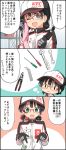  1girl 3koma :3 baseball_cap black_hair blue_eyes blush_stickers chibi comic commentary commentary_request glasses gloves hat highres jumpsuit katie-chan kyoto_tool long_hair mascot mechanic ponytail smile solo tools 
