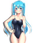  1girl bangs baretto_(karasi07) blue_eyes blue_hair blush covered_navel cowboy_shot eyebrows_visible_through_hair grin hand_on_hip hatsune_miku highres long_hair looking_at_viewer one-piece_swimsuit smile solo swimsuit thigh_gap twintails vocaloid 