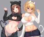  2girls :d animal_ears animal_hat artist_name bangs bare_shoulders beanie black_sweater blonde_hair blue_pants blush bow bow_panties breasts brown_eyes brown_hair cat_cutout cat_ears cat_hat cat_tail cleavage cleavage_cutout commentary contrapposto cowboy_shot crop_top cropped_sweater denim detached_sleeves embarrassed eyebrows_visible_through_hair grey_background grey_panties groin hair_between_eyes hand_on_hip hand_up hat heart heart_in_eye jeans large_breasts long_hair long_sleeves looking_at_viewer matarou_(genkai_toppa) multiple_girls navel no_bra open_fly open_mouth original panties pants paw_pose ribbed_sweater short_hair signature simple_background sleeves_past_wrists smile standing sweater symbol_in_eye tail tareme teeth tongue turtleneck turtleneck_sweater under_boob underwear unzipped 