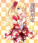  &gt;_&lt; 1girl :d ;) alcohol amagi_brilliant_park animal animal_hug bangs beer beer_can blonde_hair blush can cat checkered checkered_background closed_mouth commentary_request eyebrows_visible_through_hair floral_print flower hair_flower hair_ornament head_tilt japanese_clothes kimono latifa_fleuranza long_hair long_sleeves looking_at_viewer nakajima_yuka one_eye_closed open_mouth print_kimono red_flower red_kimono side_ponytail sidelocks smile tiramii very_long_hair wide_sleeves xd 