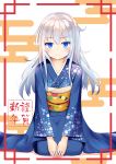  1girl absurdres alternate_costume blue_eyes blue_kimono full_body hibiki_(kantai_collection) highres japanese_clothes kantai_collection kimono long_hair obi odeclea sash seiza silver_hair sitting smile snowflake_print solo 