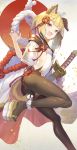  1girl :d animal_ears ass bangs black_legwear blonde_hair blunt_bangs blush breasts brown_eyes claw_pose dog_tail eyebrows_visible_through_hair from_side gi_(melmail) gradient gradient_background granblue_fantasy hair_ribbon highres leg_up legs long_sleeves looking_at_viewer looking_to_the_side midriff open_mouth pantyhose petals platform_footwear red_ribbon ribbon rope sheath sheathed shimenawa shiny shiny_clothes short_hair sideboob small_breasts smile solo standing standing_on_one_leg sword tabard tail vajra_(granblue_fantasy) weapon white_footwear wide_sleeves 