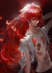  androgynous butterfly gem highres houseki_no_kuni long_hair open_clothes open_shirt padparadscha_(houseki_no_kuni) red_eyes redhead shirt shycocoa solo very_long_hair wavy_hair 