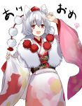  1girl alternate_costume animal_ears arm_up bangs blush cowboy_shot fangs fur_collar hair_between_eyes happy_new_year hat highres inubashiri_momiji japanese_clothes kimono long_sleeves looking_at_viewer new_year nuqura obi open_mouth paw_print pom_pom_(clothes) print_kimono red_eyes red_hat sash short_hair simple_background solo tail tokin_hat touhou translated v white_background white_hair wide_sleeves wolf_ears wolf_tail 