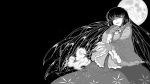  1girl bangs black_background branch cowboy_shot full_moon greyscale highres houraisan_kaguya jeweled_branch_of_hourai long_hair long_sleeves monochrome moon open_mouth skirt sleeves_past_wrists solo sunatoshi touhou very_long_hair wide_sleeves 