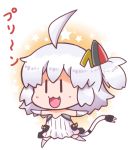  1girl :3 :d ahoge azur_lane blush chibi dress fang full_body gloves grey_hair hair_ornament long_hair noai_nioshi one_side_up open_mouth outstretched_arms plug running smile solid_oval_eyes solo star starry_background strapless strapless_dress tail thigh-highs translated universal_bullin_(azur_lane) white_dress white_gloves white_legwear 