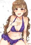  1girl absurdres bikini blush bracelet breasts brown_eyes brown_hair frilled_bikini frills hair_ornament highres idolmaster idolmaster_cinderella_girls jewelry kamiya_nao long_hair looking_at_viewer navel open_mouth solo swimsuit thick_eyebrows tuxedo_de_cat twintails 