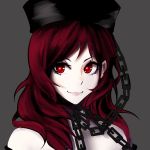  1girl absurdres bare_shoulders chains collar commentary_request grey_background hecatia_lapislazuli highres inoshin_(inixia1748) looking_at_viewer medium_hair off-shoulder_shirt off_shoulder polos_crown red_eyes redhead shirt simple_background smile solo touhou upper_body 