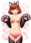  1girl :d ahoge animal_ears bangs bare_shoulders bikini black_gloves black_legwear blunt_bangs blush breasts brown_hair cat_ears collarbone cowboy_shot elbow_gloves eyebrows_visible_through_hair fur gloves gluteal_fold gradient gradient_background groin halterneck highres kasukabe_haru looking_at_viewer medium_breasts navel open_mouth paw_background paw_gloves paws pink_bikini red_eyes round_teeth short_hair sin-go smile solo standing stomach swimsuit tareme teeth thigh-highs tokyo_7th_sisters under_boob w_arms 