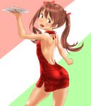  1girl ass breasts brown_hair cake dress food hair_ornament highres italian_flag kantai_collection libeccio_(kantai_collection) long_hair looking_at_viewer plate red_dress remodel_(kantai_collection) short_dress small_breasts solo tama_(seiga46239239) twintails 