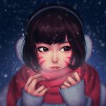  1girl artist_name brown_eyes brown_hair casual cold commentary d.va_(overwatch) earmuffs eyelashes facepaint facial_mark facing_viewer grey_jacket grey_shirt jacket lips long_sleeves looking_to_the_side night nose outdoors overwatch parted_lips pink_lips portrait red_scarf scarf shirt side_glance signature sleeves_past_wrists smile snowing solo umigraphics upper_teeth whisker_markings 