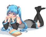  1girl : bag_of_chips bangs bare_shoulders baretto_(karasi07) black_legwear black_skirt blue_eyes blue_hair chips crossed_ankles detached_sleeves eating eyebrows_visible_through_hair food full_body grey_shirt hand_on_own_cheek hatsune_miku highres holding holding_food long_hair long_sleeves looking_at_viewer lying miniskirt no_shoes on_stomach open_mouth pleated_skirt round_teeth shiny shiny_hair shirt skirt solo tareme teeth thigh-highs very_long_hair vocaloid zettai_ryouiki 
