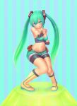  1girl belt bike_shorts boots breasts cleavage clenched_hand fighting_stance fingerless_gloves full_body gloves green_eyes green_hair hatsune_miku knee_boots knees_together_feet_apart legwear_under_shorts long_hair mitsu_(komainumilk) navel outstretched_arm ribbon short_shorts shorts small_breasts smile solo sports_bra twintails vocaloid 