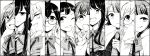  6+girls ahoge asashimo_(kantai_collection) bangs blunt_bangs bow bowtie dress_shirt fang fujinami_(kantai_collection) glasses greyscale grin hair_between_eyes hayashimo_(kantai_collection) kantai_collection kazagumo_(kantai_collection) kiyoshimo_(kantai_collection) lineart long_hair looking_at_viewer makigumo_(kantai_collection) miroku_san-ju mole mole_under_mouth monochrome multiple_girls naganami_(kantai_collection) necktie open_mouth sharp_teeth shirt short_sleeves sleeves_past_wrists smile split_theme takanami_(kantai_collection) teeth yuugumo_(kantai_collection) 