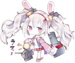  1girl animal_ears azur_lane calligraphy_brush_(medium) character_name chibi eyebrows_visible_through_hair hairband kotatu_(akaki01aoki00) laffey_(azur_lane) long_hair looking_at_viewer pleated_skirt rabbit_ears red_skirt silver_hair simple_background skirt solo thigh-highs twintails violet_eyes white_background white_legwear 