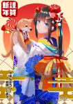  1girl 2018 :o absurdres animal bangs bell black_hair blue_eyes blue_kimono blunt_bangs blush bow clothed_animal cowboy_shot dog egasumi flower from_side hair_flower hair_ornament hairclip highres holding holding_animal japanese_clothes jingle_bell kimono large_bow long_hair long_sleeves looking_at_viewer looking_to_the_side mirea mole mole_under_eye open_mouth orange_bow original print_kimono rope shimenawa sidelocks signature solo standing tassel translation_request whiskers wide_sleeves year_of_the_dog 