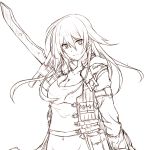  1girl achillea_(flower_knight_girl) breasts cleavage flower_knight_girl kida_kuro_mu long_hair looking_at_viewer monochrome simple_background solo weapon white_background 