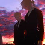  2boys alphonse_elric blonde_hair brothers clouds cloudy_sky commentary_request edward_elric eyebrows_visible_through_hair formal fullmetal_alchemist looking_down male_focus multiple_boys necktie p0ckylo ponytail sad shirt short_hair siblings sky standing suit sunset tombstone white_shirt 