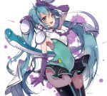  1girl absurdres aqua_eyes aqua_hair arm_up artist_name covered_navel elbow_gloves gloves hanakanzarashi hatsune_miku hatsune_miku_(shinkalion) headphones highres leotard long_hair looking_at_viewer necktie open_mouth purple_gloves shinkansen_henkei_robo_shinkalion skirt solo thigh-highs twintails very_long_hair vocaloid white_background 