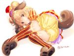 1girl animal_ears blonde_hair bloomers closed_mouth dog_ears dog_tail double_bun flower_knight_girl full_body gloves hat kemonomimi_mode looking_at_viewer lying on_side paw_gloves paws portulaca_(flower_knight_girl) red_hat red_legwear shiny shiny_skin short_hair simple_background smile solo sorimura_youji striped striped_legwear tail thigh-highs top_hat twitter_username underwear vertical-striped_legwear vertical_stripes white_background yellow_bloomers yellow_eyes