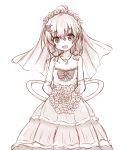  1girl bare_shoulders bouquet bow delphinium_(flower_knight_girl) dress elbow_gloves flower flower_knight_girl gloves hair_ornament jewelry kida_kuro_mu looking_at_viewer monochrome necklace open_mouth short_hair simple_background smile solo wedding_dress white_background 