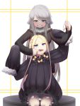  2girls abigail_williams_(fate/grand_order) absurdres ahoge anger_vein bangs black_bow black_sweater blonde_hair bloomers blue_eyes blush bow crossover dress eyebrows_visible_through_hair fate/grand_order fate_(series) finger_in_another&#039;s_mouth grey_hair grin hair_ornament hair_scrunchie hair_tie highres holding imouto_sae_ireba_ii kani_nayuta long_hair long_sleeves looking_up multiple_girls open_mouth orange_bow scrunchie sitting sleeves_past_wrists smile standing sugar_(dndi888) sweater sweater_dress swept_bangs underwear v-shaped_eyebrows very_long_hair white_background 
