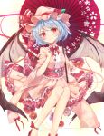  1girl adapted_costume bat_wings blue_hair bow breasts commentary dress ear_piercing floral_print flower frills hat hat_flower hat_ribbon konnyaku_(yuukachan_51) leaf long_sleeves looking_at_viewer mob_cap neck_bow oriental_umbrella petticoat piercing pink_dress pink_flower purple_flower red_bow red_eyes red_flower red_footwear red_neckwear red_ribbon red_rose remilia_scarlet ribbon rose short_hair sitting small_breasts smile solo touhou umbrella white_background wide_sleeves wings 