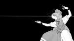  1girl arm_up bangs black_background breasts cowboy_shot eyebrows_visible_through_hair from_side greyscale hat highres hong_meiling long_hair looking_to_the_side medium_breasts monochrome open_mouth pelvic_curtain pose profile short_sleeves solo star sunatoshi touhou very_long_hair 