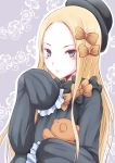  1girl abigail_williams_(fate/grand_order) bangs black_bow black_dress black_hat blonde_hair blue_eyes blush borijoikun bow commentary_request dress fate/grand_order fate_(series) forehead grey_background hair_bow hat long_hair long_sleeves looking_at_viewer object_hug orange_bow parted_bangs parted_lips sleeves_past_wrists solo stuffed_animal stuffed_toy teddy_bear very_long_hair 