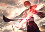  1boy abs cape clouds cloudy_sky commentary_request emiya_shirou fate/grand_order fate_(series) field_of_blades glowing glowing_sword glowing_weapon highres holding holding_sword holding_weapon igote japanese_clothes limited/zero_over looking_at_viewer magic_circuit male_focus redhead reluvy serious short_hair sky solo sword unlimited_blade_works weapon 