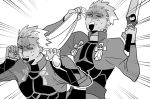  2boys archer dark_skin dark_skinned_male dual_persona emphasis_lines fate/extella fate/extella_link fate/extra fate/stay_night fate_(series) greyscale hair_pull monochrome multiple_boys sweat 