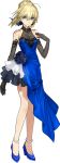  1girl ahoge anklet arm_at_side artoria_pendragon_(all) bare_shoulders black_gloves blonde_hair blue_dress blue_eyes braid dress elbow_gloves eyebrows_visible_through_hair fate/extella_link full_body gloves hair_between_eyes hair_ribbon halter_top halterneck high_heels jewelry looking_at_viewer ribbon short_hair solo transparent_background wada_aruko 