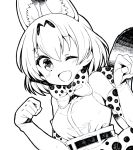  1girl animal_ears bow bowtie kemono_friends kurisu_sai looking_at_viewer monochrome one_eye_closed open_mouth serval_(kemono_friends) short_hair simple_background smile solo white_background 