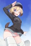  1girl arm_up blonde_hair blue_eyes blue_sky blush breasts commentary_request dog_tail erica_hartmann hat konnyaku_(kk-monmon) looking_at_viewer medium_breasts military military_hat military_uniform no_pants one_eye_closed outdoors panties salute shiny shiny_hair shiny_skin short_hair sky solo strike_witches striker_unit tail underwear uniform white_panties world_witches_series 