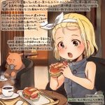  1girl animal blonde_hair colored_pencil_(medium) commentary_request dated food green_eyes hairband hamster holding holding_food kantai_collection kirisawa_juuzou luigi_torelli_(kantai_collection) numbered open_mouth short_hair sleeveless solo traditional_media translation_request twitter_username white_hairband 