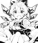  1girl bow cirno flower hair_bow ice ice_wings kurisu_sai looking_at_viewer monochrome open_mouth short_hair simple_background smile solo sunflower touhou v white_background wings 
