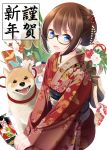  1girl 2018 bangs beads blue_eyes brown_hair commentary_request dog eyebrows_visible_through_hair flower glasses hair_ornament hands_on_own_knees highres japanese_clothes kimono looking_at_viewer nekobaka open_eyes open_mouth original solo translation_request white_background 